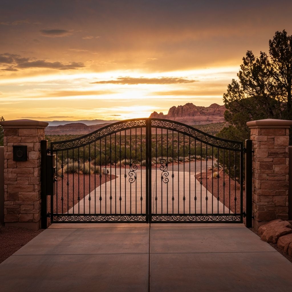 Custom black wrought iron driveway gate at a Southern Utah home